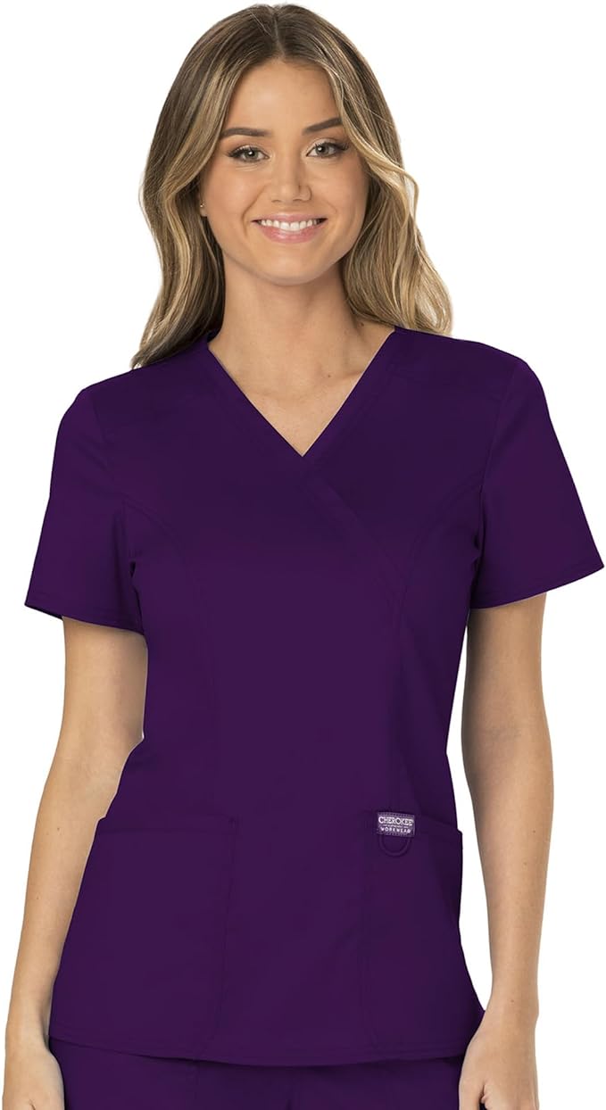 Cherokee Scrubs Top for Women Mock Wrap with 3 Pockets, Soft, 2-Way Stretch
