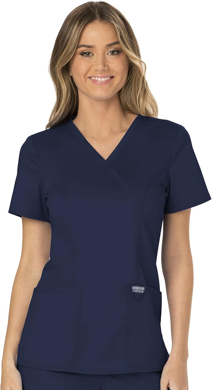 Cherokee Scrubs Top for Women Mock Wrap with 3 Pockets, Soft, 2-Way Stretch