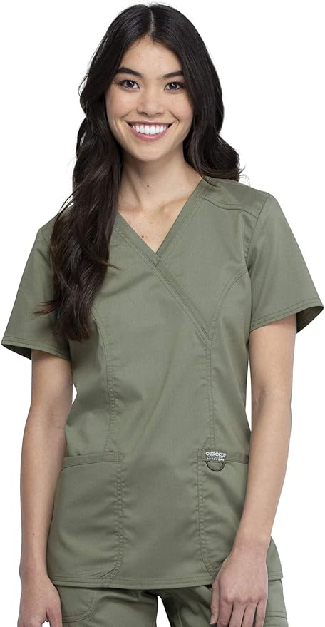 Cherokee Scrubs Top for Women Mock Wrap with 3 Pockets, Soft, 2-Way Stretch