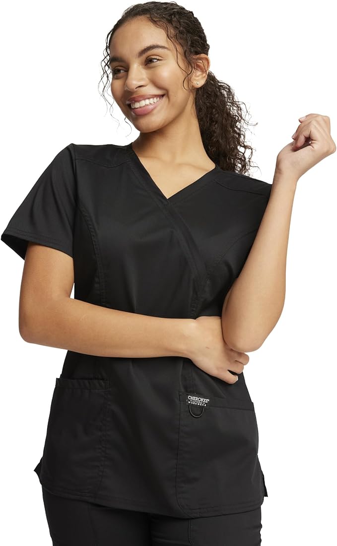 Cherokee Scrubs Top for Women Mock Wrap with 3 Pockets, Soft, 2-Way Stretch