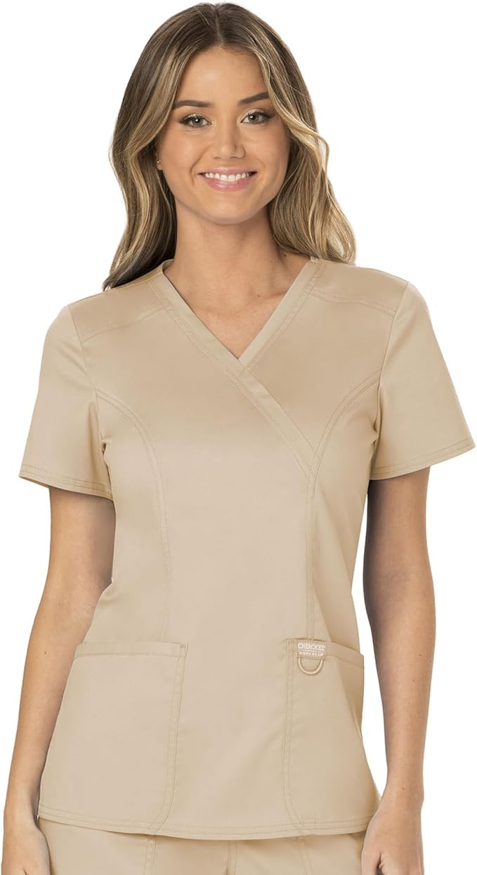 Cherokee Scrubs Top for Women Mock Wrap with 3 Pockets, Soft, 2-Way Stretch