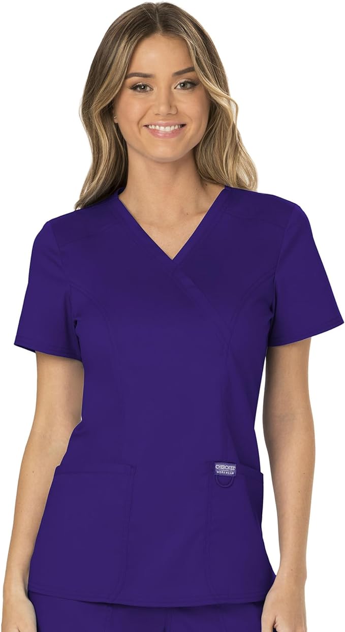 Cherokee Scrubs Top for Women Mock Wrap with 3 Pockets, Soft, 2-Way Stretch