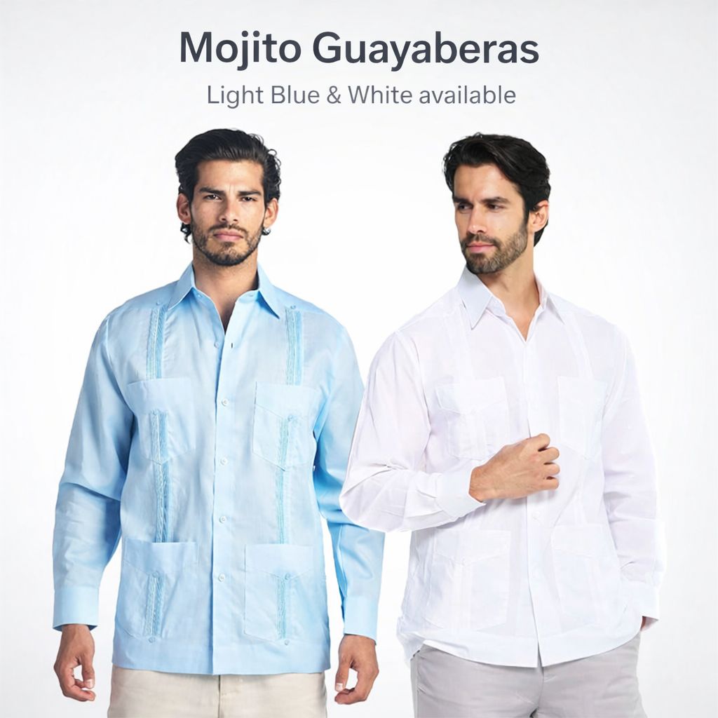 Mojito Collection Guayabera Shirt Classic Poly Cotton Blend Long Sleeve