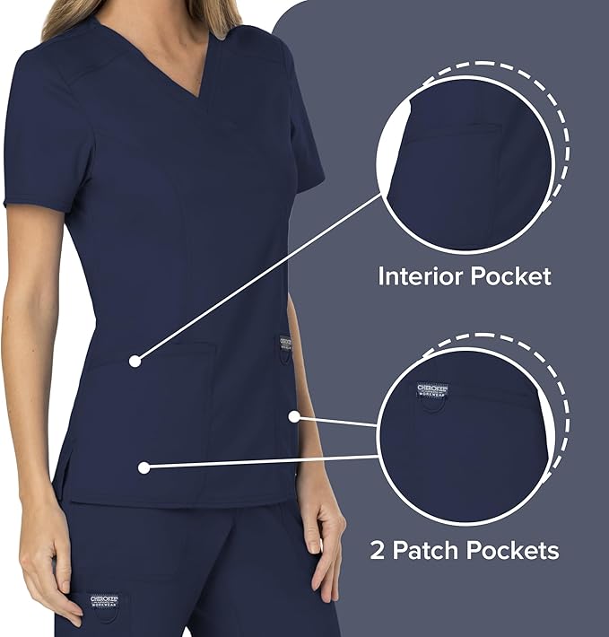 Cherokee Scrubs Top for Women Mock Wrap with 3 Pockets, Soft, 2-Way Stretch
