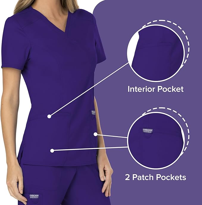 Cherokee Scrubs Top for Women Mock Wrap with 3 Pockets, Soft, 2-Way Stretch