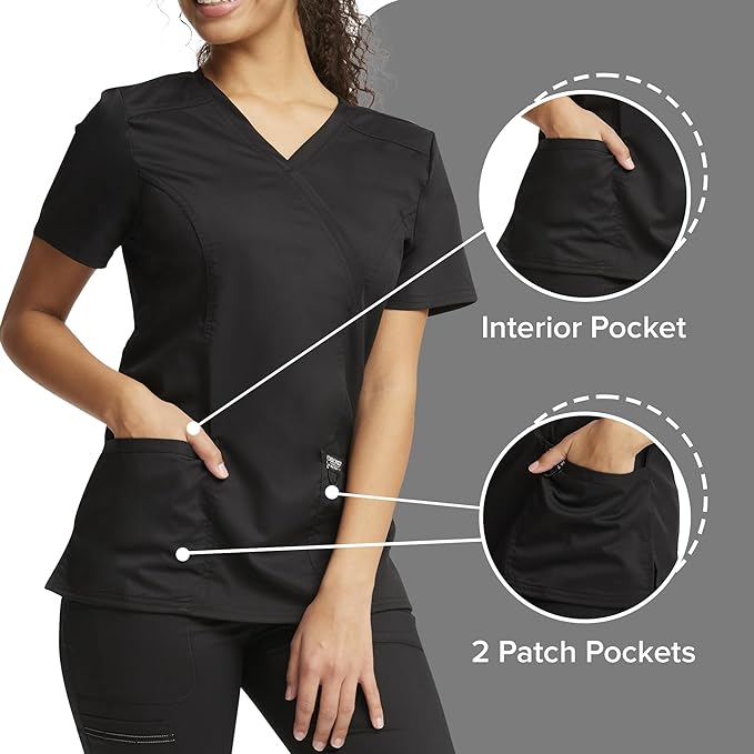 Cherokee Scrubs Top for Women Mock Wrap with 3 Pockets, Soft, 2-Way Stretch