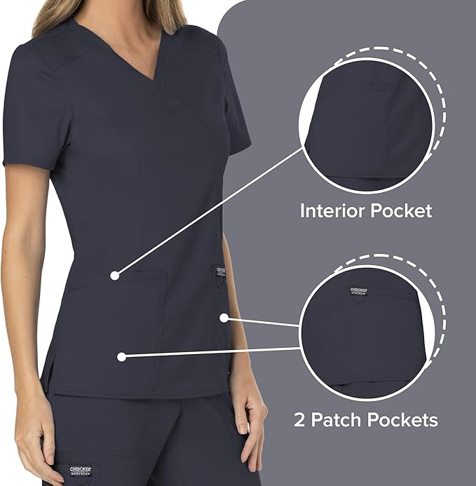 Cherokee Scrubs Top for Women Mock Wrap with 3 Pockets, Soft, 2-Way Stretch