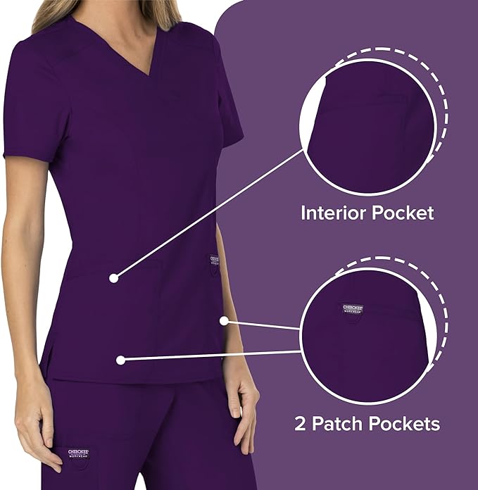 Cherokee Scrubs Top for Women Mock Wrap with 3 Pockets, Soft, 2-Way Stretch
