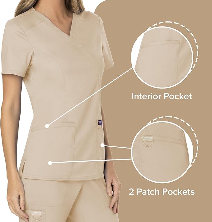 Cherokee Scrubs Top for Women Mock Wrap with 3 Pockets, Soft, 2-Way Stretch