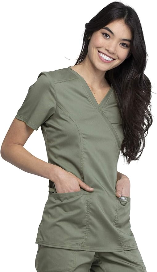 Cherokee Scrubs Top for Women Mock Wrap with 3 Pockets, Soft, 2-Way Stretch
