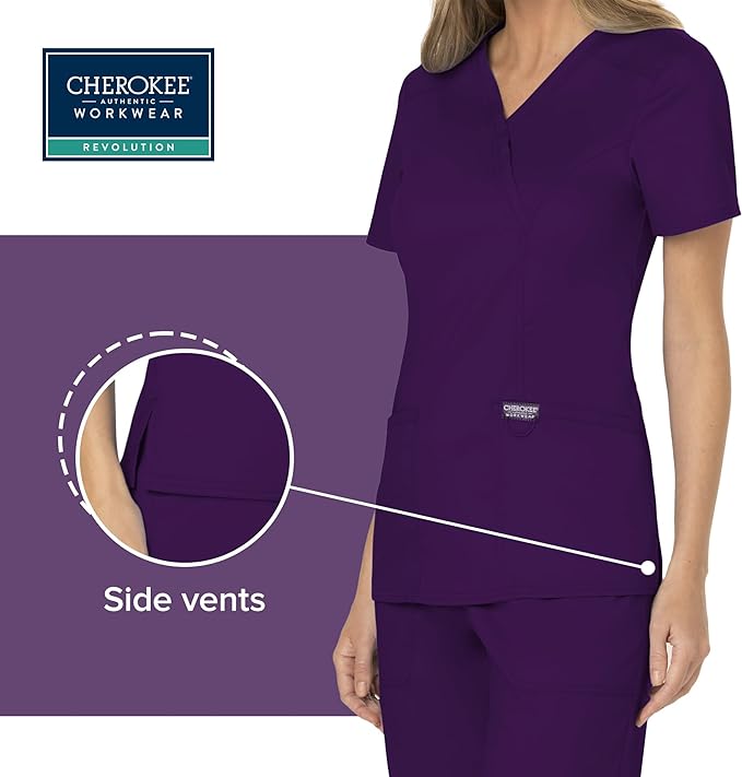 Cherokee Scrubs Top for Women Mock Wrap with 3 Pockets, Soft, 2-Way Stretch