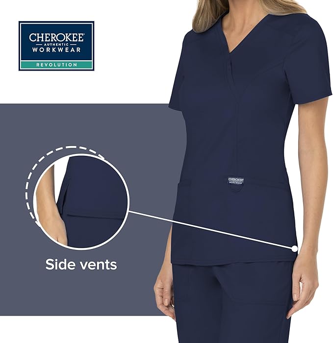 Cherokee Scrubs Top for Women Mock Wrap with 3 Pockets, Soft, 2-Way Stretch