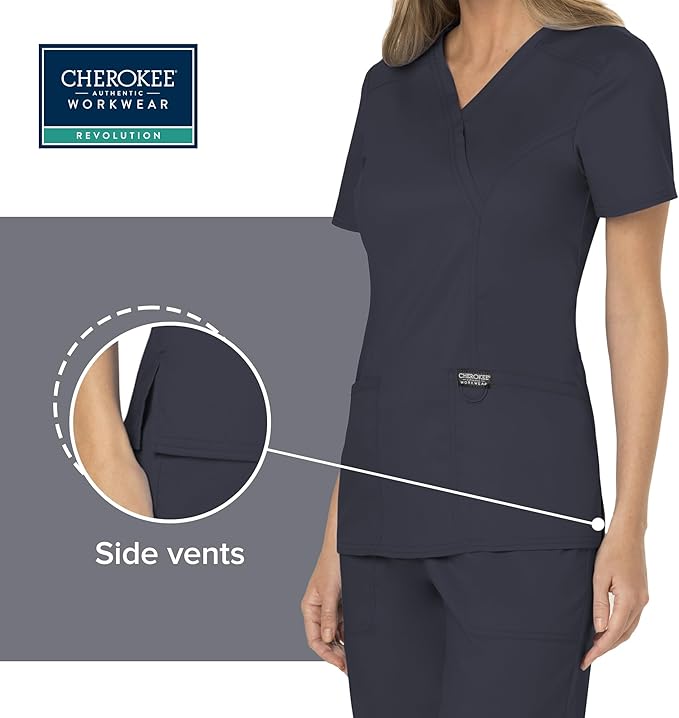 Cherokee Scrubs Top for Women Mock Wrap with 3 Pockets, Soft, 2-Way Stretch