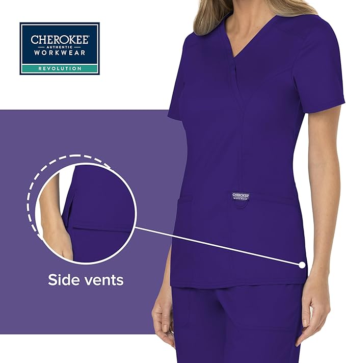 Cherokee Scrubs Top for Women Mock Wrap with 3 Pockets, Soft, 2-Way Stretch