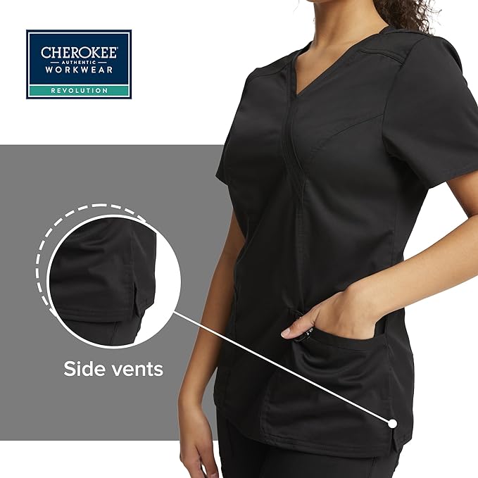 Cherokee Scrubs Top for Women Mock Wrap with 3 Pockets, Soft, 2-Way Stretch