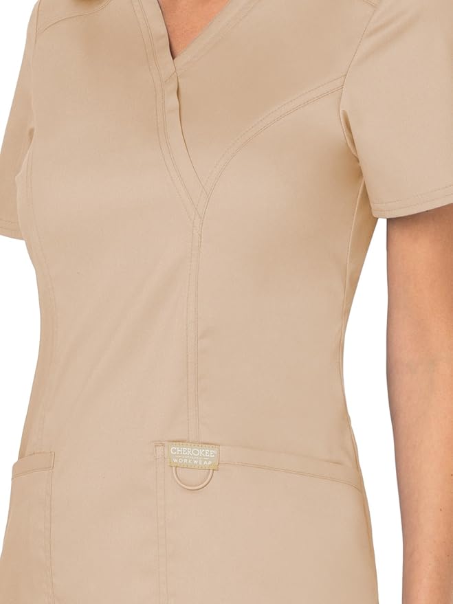 Cherokee Scrubs Top for Women Mock Wrap with 3 Pockets, Soft, 2-Way Stretch
